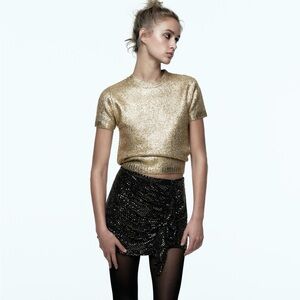 NWT Zara Gold Foil Knit Crew Top - Size M